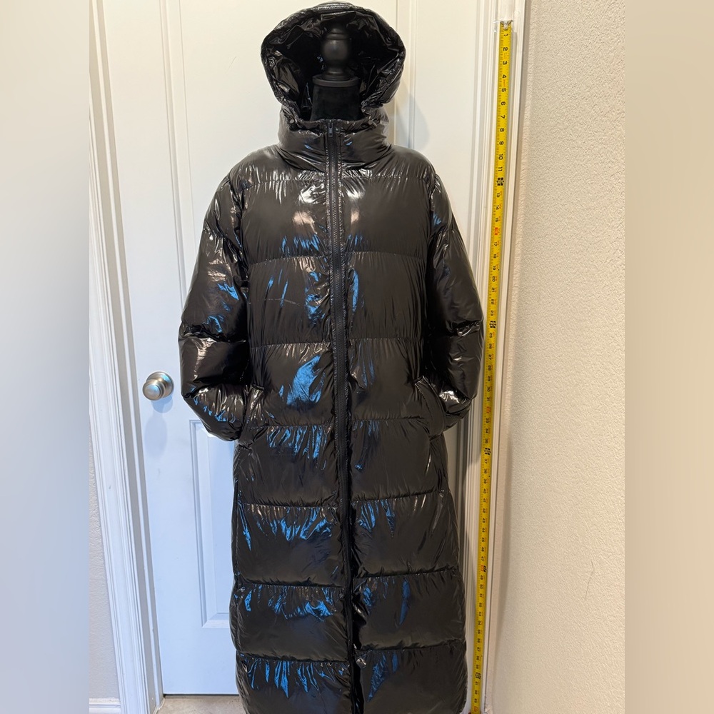 Boohoo Black Puffer Coat with Hood and Full Length Design